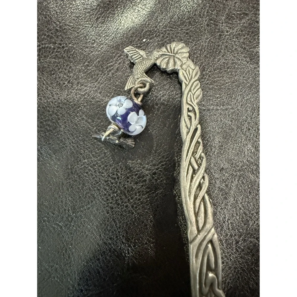 Ornate Metal Bookmark Hummingbird Flower Charm Blue‎ Bead Reading Gift
